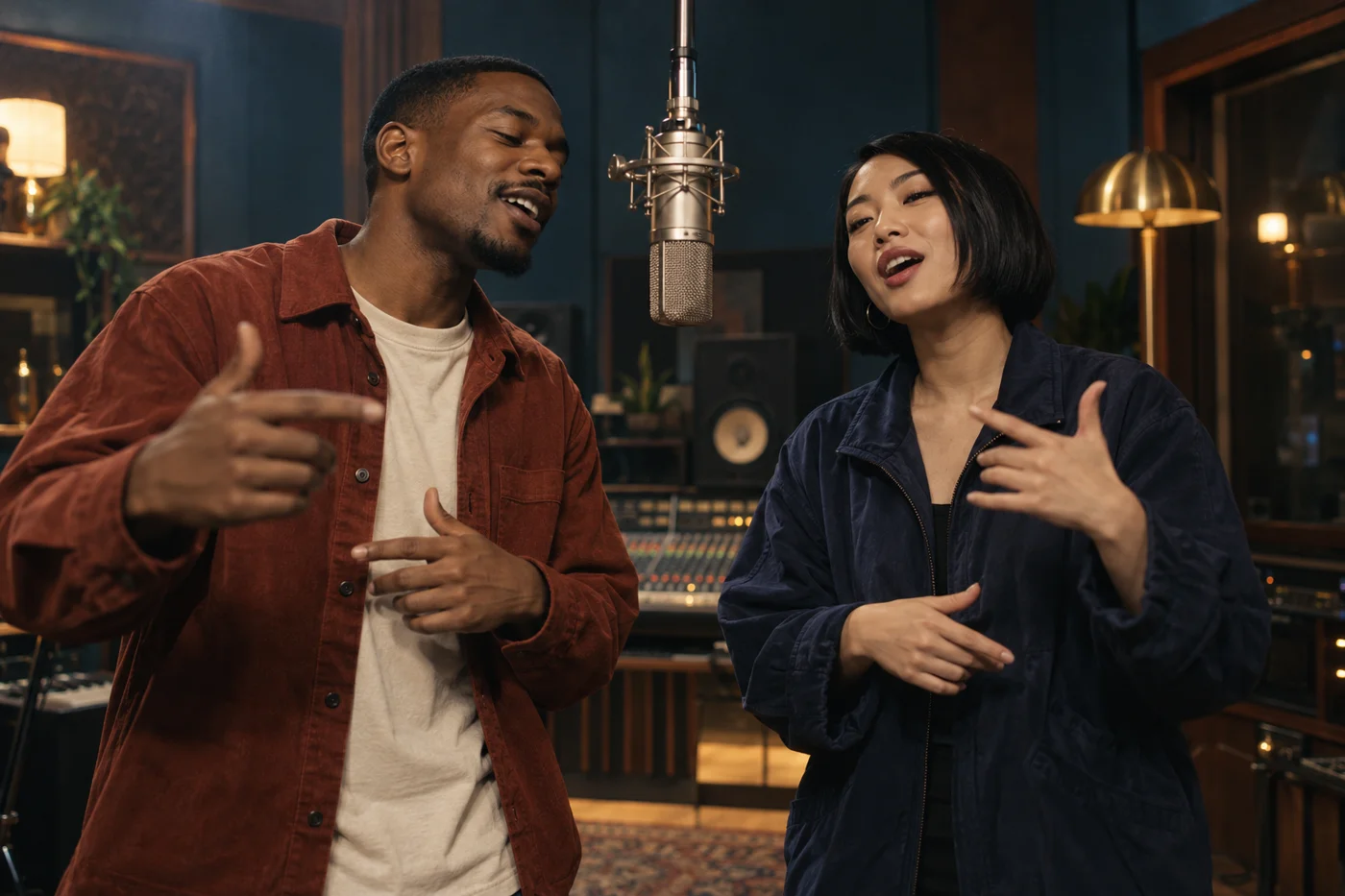 Original concept artwork showing two performers sharing a recording studio